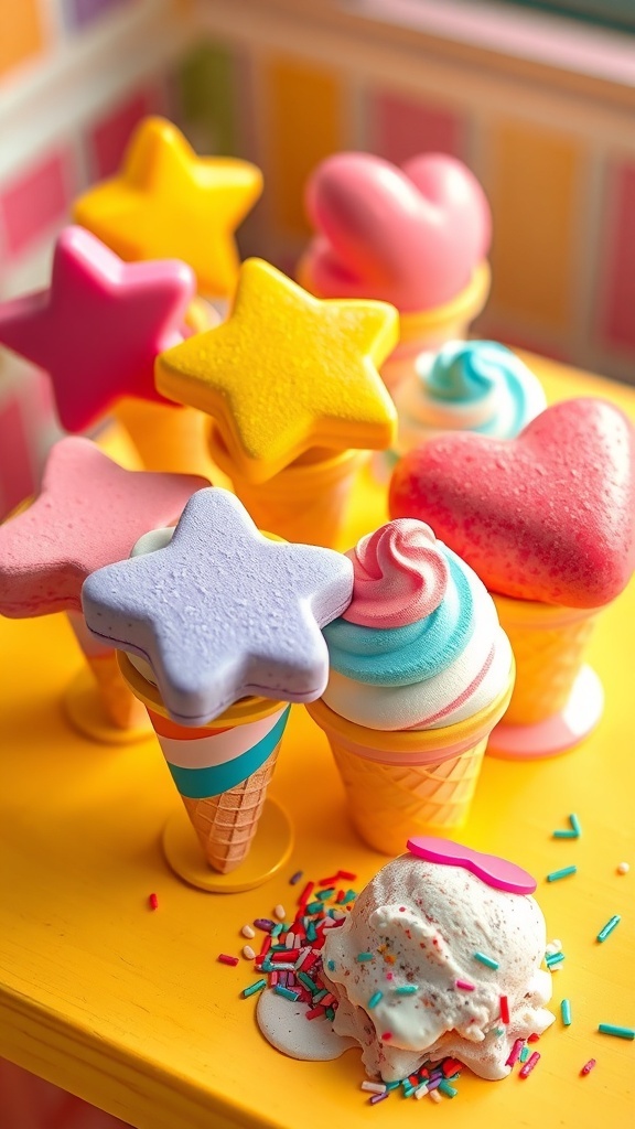 Colorful 3D ice cream in star, heart, and animal shapes on a cheerful table.
